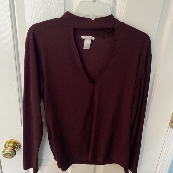 H&M Maroon Faux Choker Long Sleeve Top - Picture 1 of 4